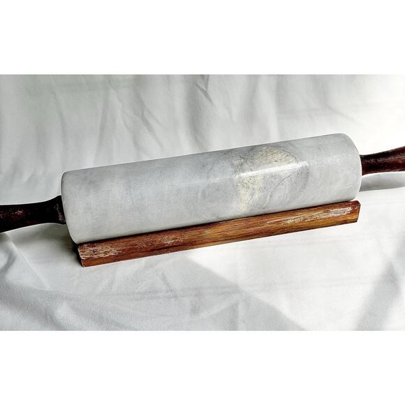 Vintage Heavy Marble Rolling Pin with Stand - Dark Wood, White and Grey Marble - Picture 10 of 10